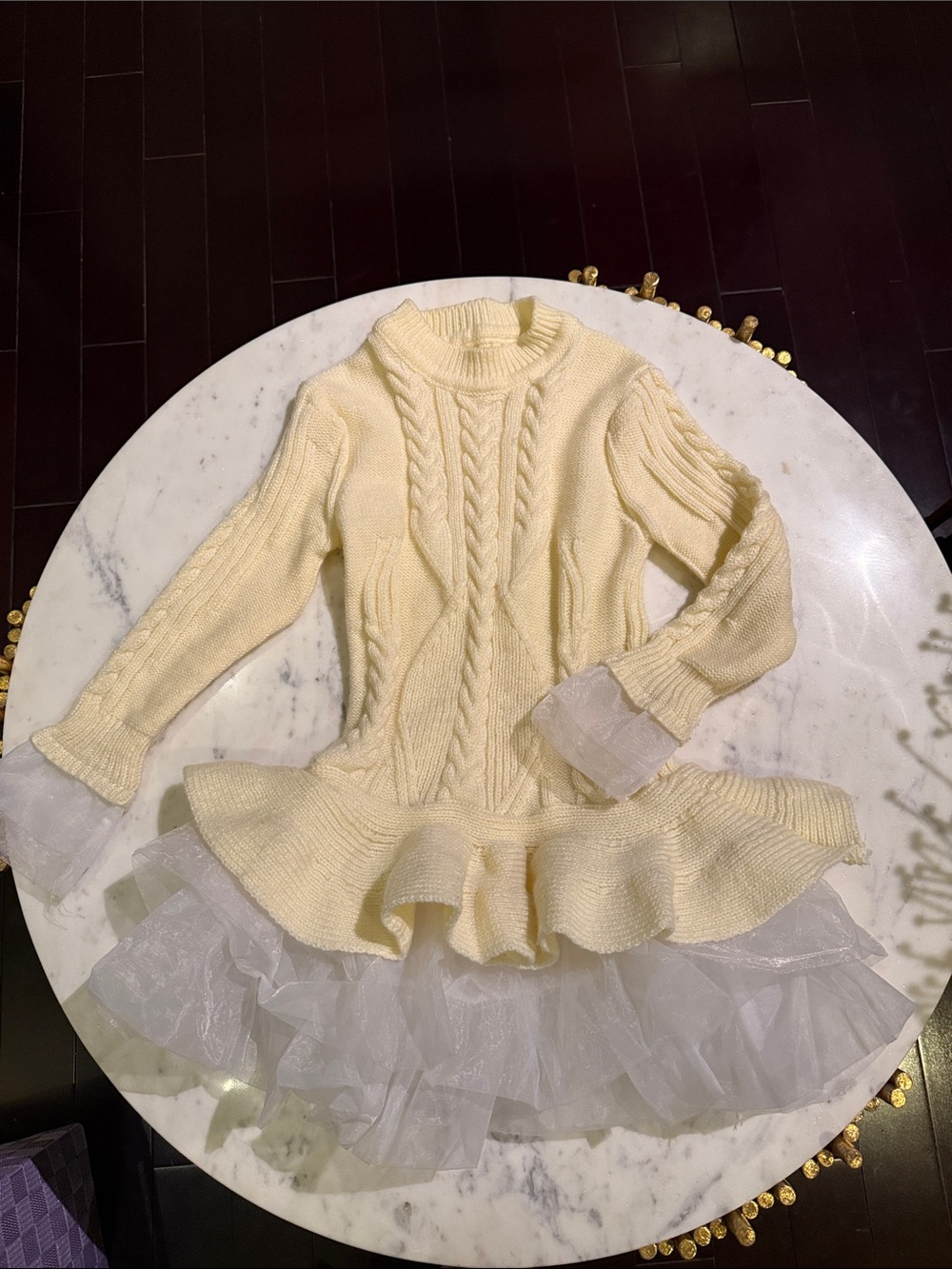 SHEIN Cream Cable-Knit Peplum Sweater Dress with Tulle